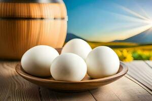 eggs in a bowl on a wooden table. AI-Generated photo