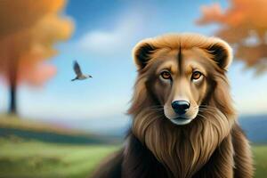 a lion is sitting in the grass with a bird flying above it. AI-Generated photo