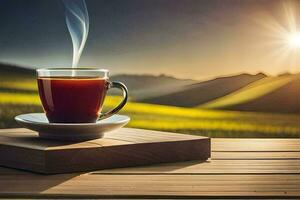 a cup of tea on a wooden table in the sun, nature, landscape, hd wallpaper. AI-Generated photo