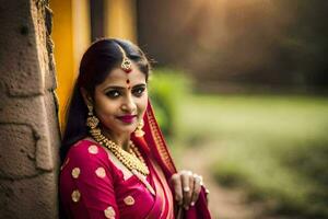 a beautiful indian woman in a red sari. AI-Generated photo