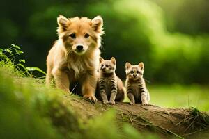 a dog and two kittens standing on a log. AI-Generated photo