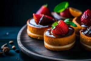 small cakes with strawberries and nuts on a wooden plate. AI-Generated photo