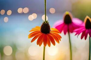 Tres vistoso flores son en frente de un borroso antecedentes. generado por ai foto