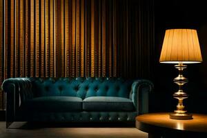 a blue couch and lamp in a dark room. AI-Generated photo