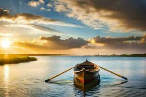 the boat is floating on the water at sunset. AI-Generated photo