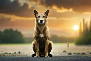 a dog sitting on the road at sunset. AI-Generated photo