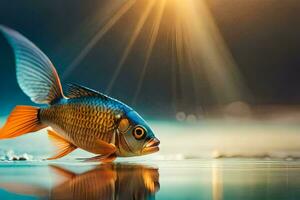 a fish with bright orange fins is swimming in the water. AI-Generated photo