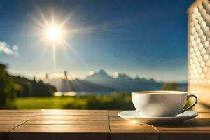 un taza de café en un de madera mesa en frente de un hermosa vista. generado por ai foto