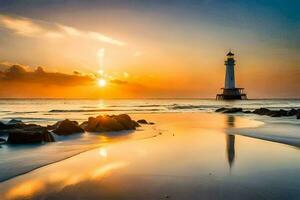 the sun sets over a lighthouse on the beach. AI-Generated photo