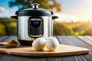 instant pot pressure cooker with eggs and wooden spoon. AI-Generated photo