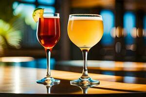 two glasses of different drinks sitting on a table. AI-Generated photo