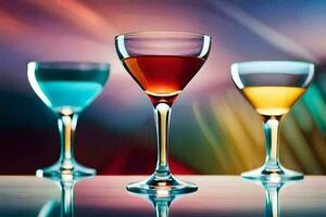 Tres diferente de colores bebidas en lentes en un mesa. generado por ai foto