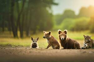 un grupo de perros y un Tigre sentado en el suelo. generado por ai foto