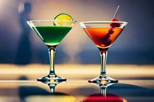 two martinis with different colors on a table. AI-Generated photo