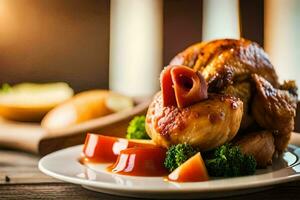 a chicken on a plate with broccoli and tomatoes. AI-Generated photo