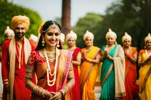 a bride and groom in traditional indian attire. AI-Generated photo