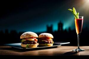 two burgers and a glass of wine on a table. AI-Generated photo