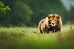 a lion walking through a field. AI-Generated photo