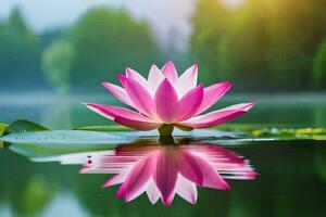 a pink lotus flower is reflected in the water. AI-Generated photo