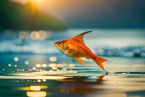 goldfish jumping out of the water at sunset. AI-Generated photo