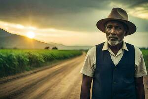 an african man in a hat and vest standing on a dirt road. AI-Generated photo
