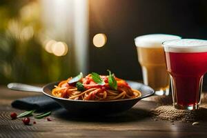 a bowl of pasta and a glass of beer. AI-Generated photo