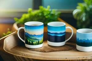 two mugs with mountain scenes on them. AI-Generated photo