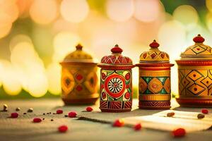 three colorful wooden boxes with red and green decorations. AI-Generated photo