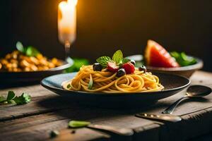 spaghetti with fresh basil and mint on a wooden table. AI-Generated photo