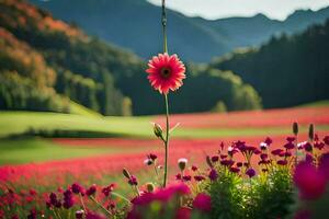 a red flower stands in the middle of a field. AI-Generated photo