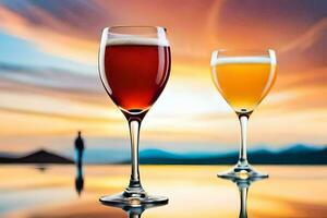 two glasses of wine on a table with a sunset in the background. AI-Generated photo