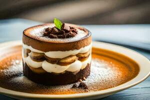 a dessert on a plate with a green leaf. AI-Generated photo