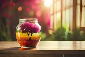 photo wallpaper tree, flower, water, glass, jar, sun, light, water, water. AI-Generated