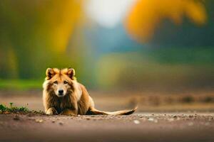 a dog sitting on the ground in the middle of a field. AI-Generated photo