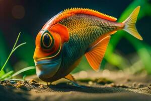 a fish with a big eye is standing on the ground. AI-Generated photo