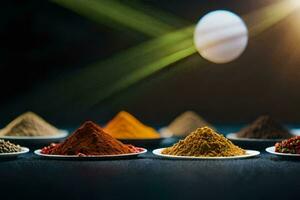 a variety of spices on a table. AI-Generated photo