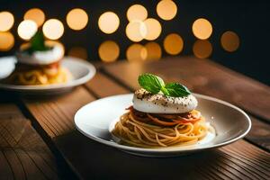 espaguetis con tomate y queso Mozzarella en un lámina. generado por ai foto