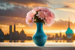 photo wallpaper the sky, flowers, the city, the sunset, the city, the city,. AI-Generated