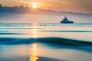 un barco en el Oceano a puesta de sol con montañas en el antecedentes. generado por ai foto