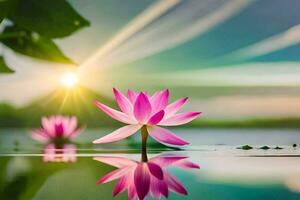 pink lotus flowers in the water with the sun shining. AI-Generated photo