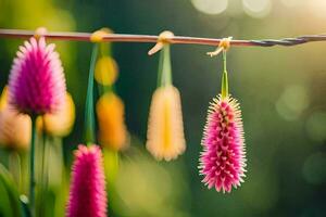 flowers hanging from a clothesline. AI-Generated photo