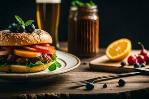 a hamburger with vegetables and a glass of beer. AI-Generated photo