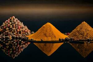three different types of spices are shown on a black background. AI-Generated photo