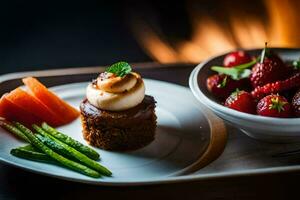 a plate with strawberries, asparagus and a dessert on it. AI-Generated photo