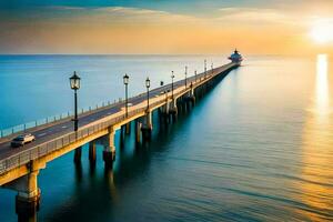 the sun rises over a pier in the ocean. AI-Generated photo