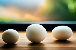 three eggs are sitting on a table. AI-Generated photo