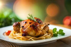 un plato de pollo con pasta y Tomates. generado por ai foto