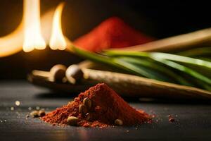 red spices on a table with a candle. AI-Generated photo