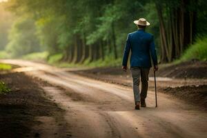 a man in a suit and hat walking down a dirt road. AI-Generated photo