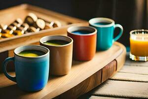 a tray of coffee cups and orange juice. AI-Generated photo
